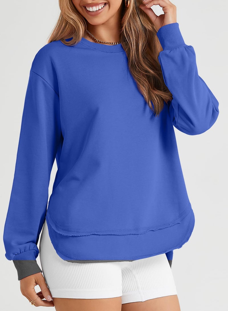 EVALESS Sweatshirt for Women Casual Long Sleeve Shirts Cute Lightweight Comfort Colors Crewneck Cotton Sweatshirts Loose Fit Side Split Pullover Tunic Tops 2025 Fall Fashion Clothes Blue Medium - Image 4