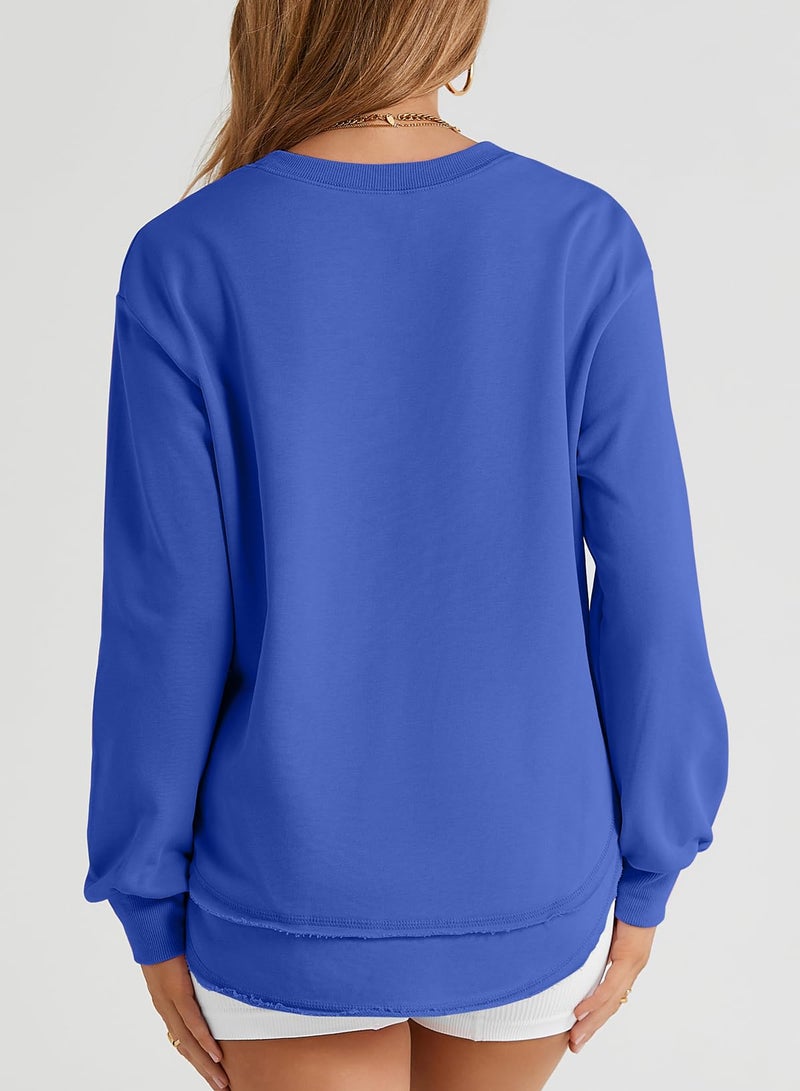 EVALESS Sweatshirt for Women Casual Long Sleeve Shirts Cute Lightweight Comfort Colors Crewneck Cotton Sweatshirts Loose Fit Side Split Pullover Tunic Tops 2025 Fall Fashion Clothes Blue Medium - Image 5