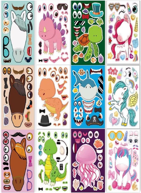 24 Sheets 8.27''×5.9'' Make Your Own Stickers for Kids Toddlers, Make a Face Stickers Mix and Match with Unicorn Dinosaur Horse and Sea Animals for Kids Party Favors Activities