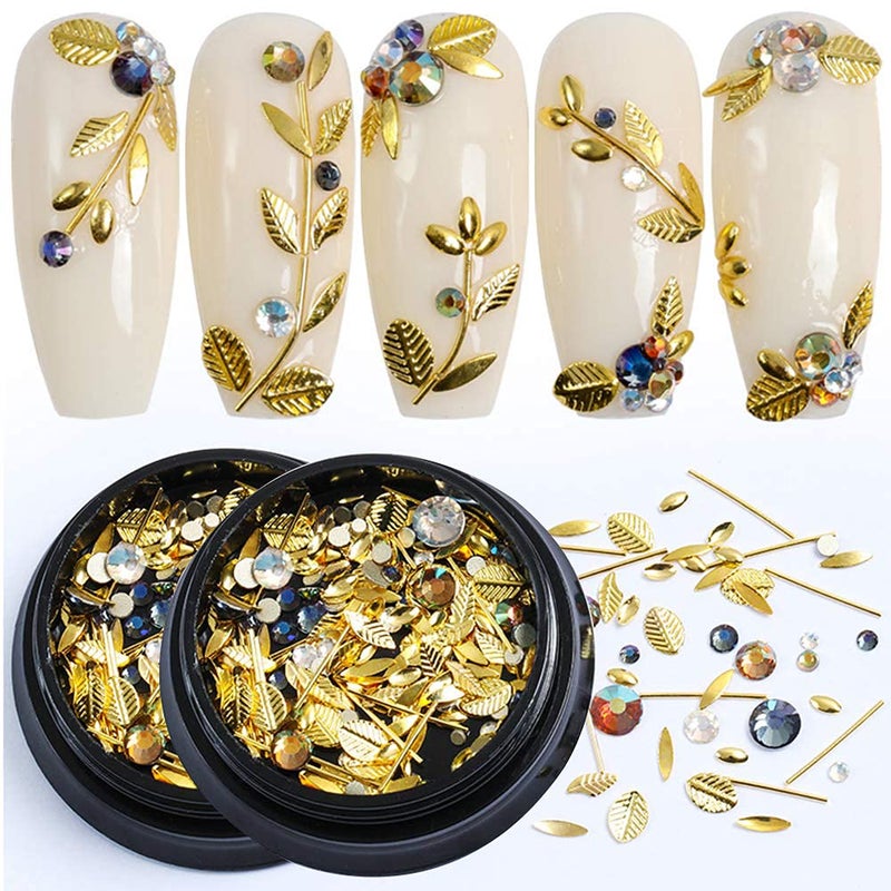 Nail Art Charms 3D Metal Nail Gems for Acrylic Nail Supplies, Holographic Gold Line Leaf Gems Sparkle Shape Design Decals DIY Manicure Jewelry Accessories for Women Girls Nail Decor