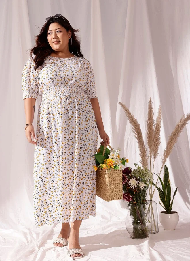 CURVY STREET Floral Print Puff Sleeve A-Line Dress for Women