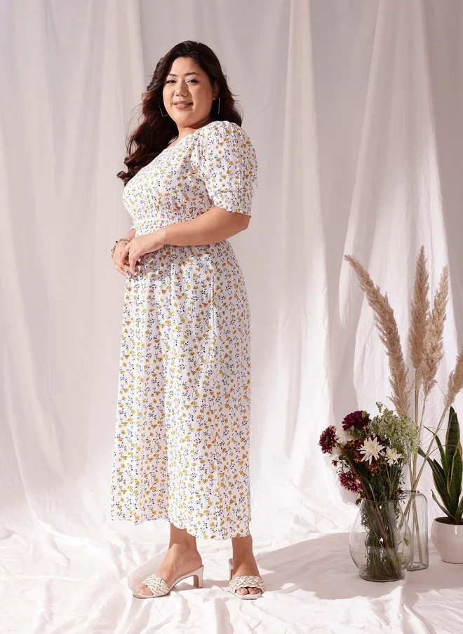 CURVY STREET Floral Print Puff Sleeve A-Line Dress for Women