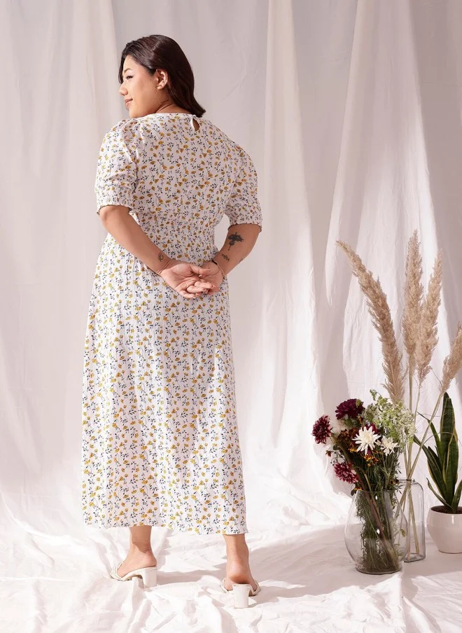CURVY STREET Floral Print Puff Sleeve A-Line Dress for Women