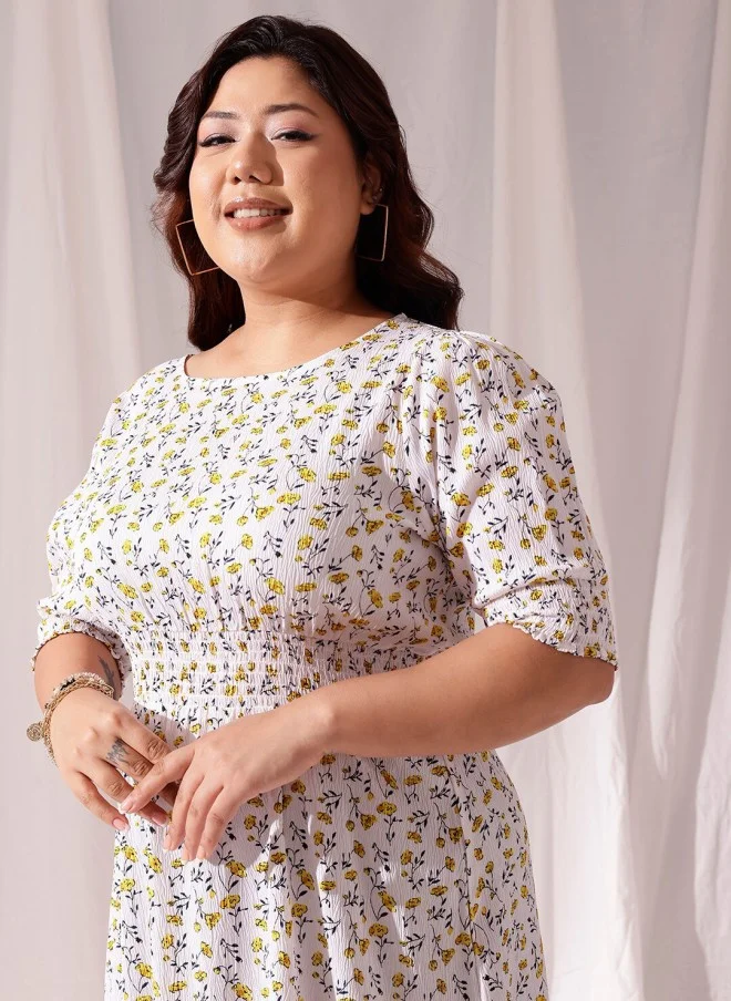 CURVY STREET Floral Print Puff Sleeve A-Line Dress for Women