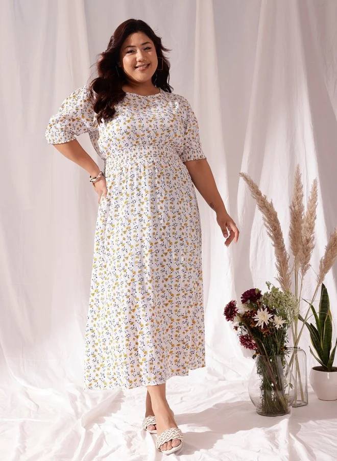 CURVY STREET Floral Print Puff Sleeve A-Line Dress for Women