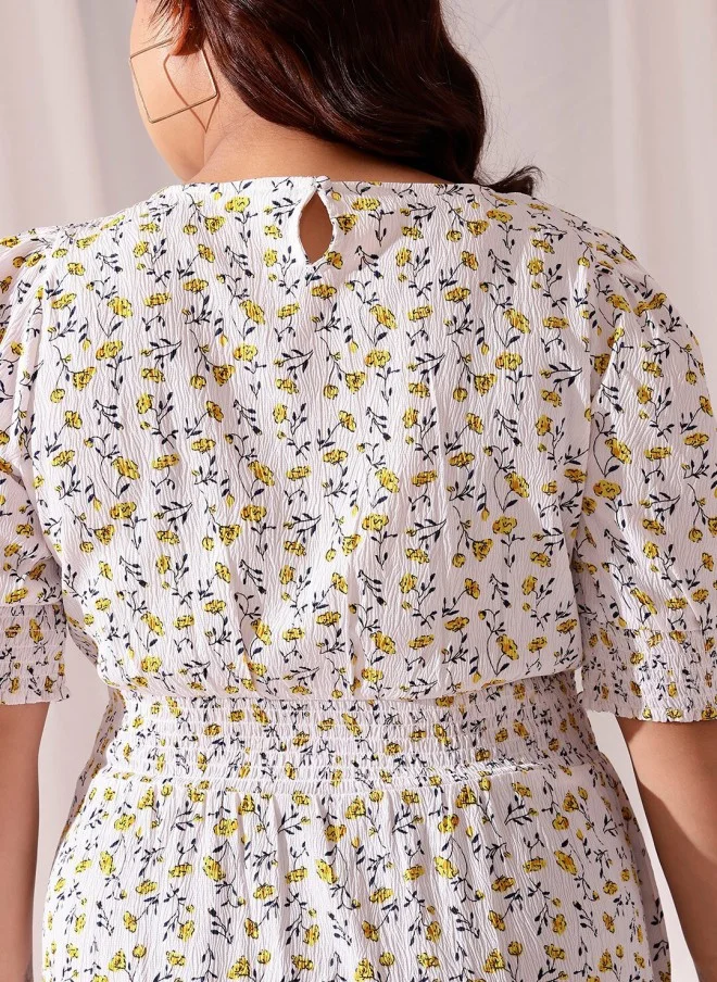 CURVY STREET Floral Print Puff Sleeve A-Line Dress for Women