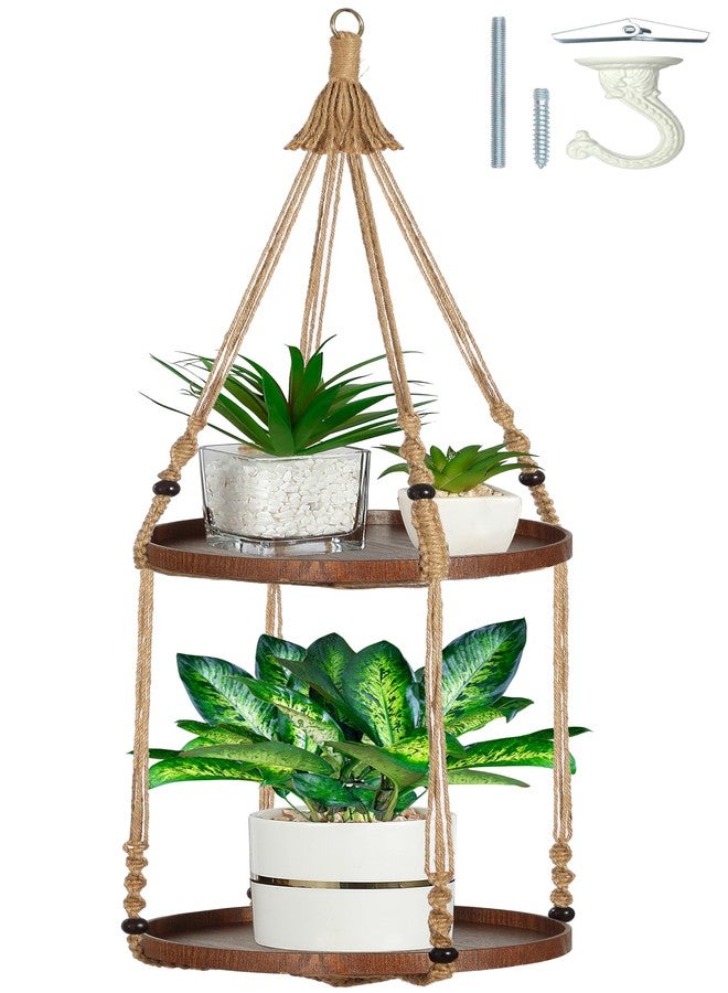 Shineloha 2 Tier Macrame Plant Hanger | Plant Hanger Indoor, Hanging Planter | Hanging Planter Shelf (Jute) (Large, 12" Shelf) - Image 1