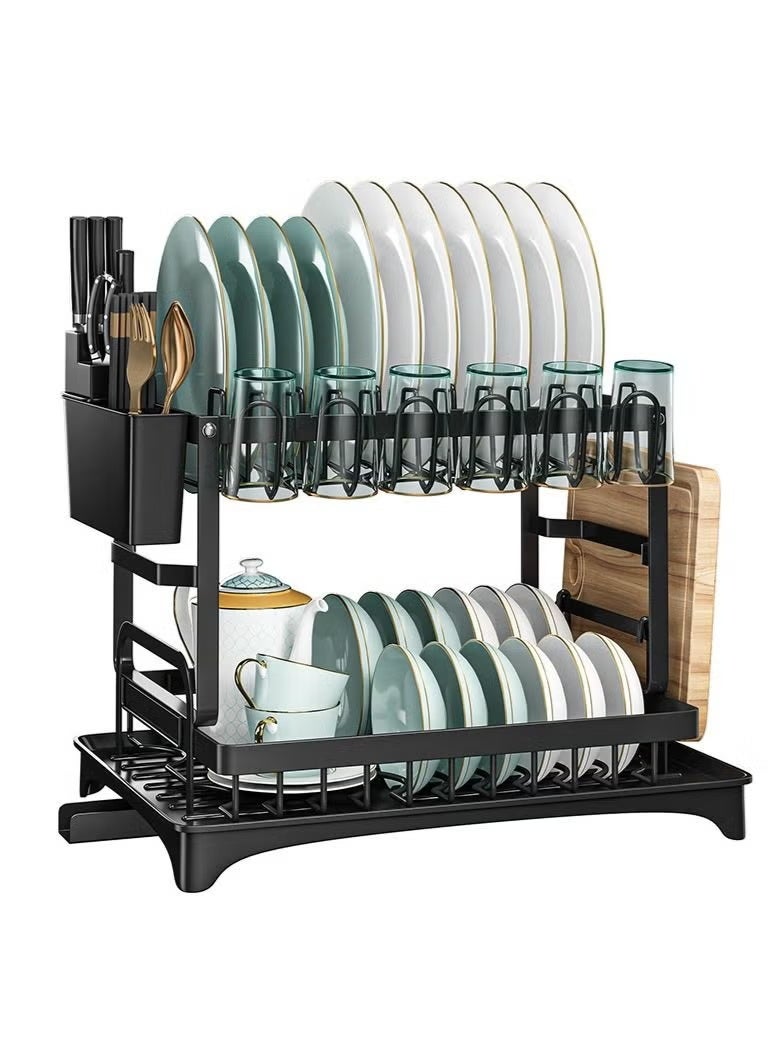 2 Tier Foldable Dish Drying Rack with Utensil Holder & Cutting Board Holder & Drainboard Tray, Rotatable Drainage System Scratch Resistant Frosted Baking Process Coatings, Large Black