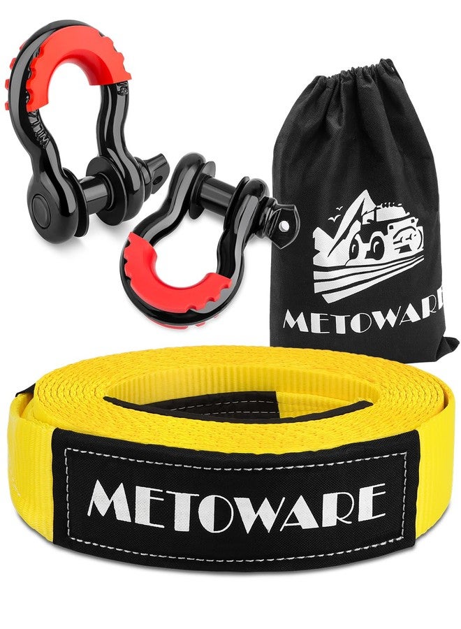 METOWARE طقم سحب شديد التحمل من ميتووير - حزام ونش لحماية الأشجار 3 بوصات × 20 قدمًا (35000 رطل) + حلقات D مقاس 3/4 بوصة (قطعتان) + حقيبة تخزين - طقم حزام سحب للشاحنات وسيارات الدفع الرباعي والمركبات الرباعية الدفع على الطرق الوعرة - Image 1