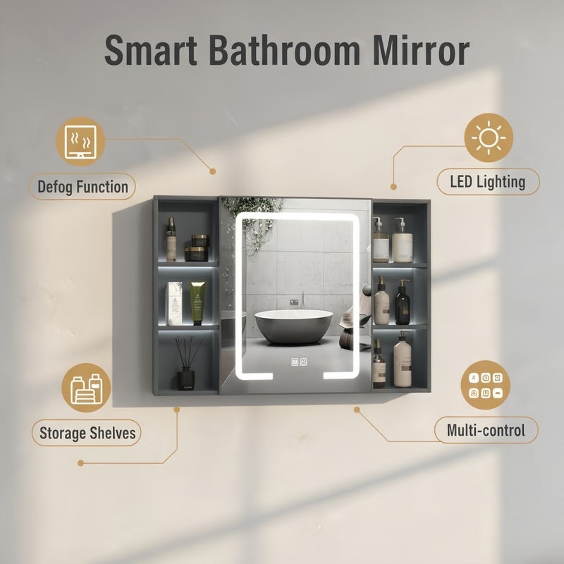شاربدو خزانة مرآة حمام LED مقاس 90 سم مع مزيل للضباب، 3 ألوان إضاءة، وحدة تخزين جدارية مضادة للضباب، منظم ذو سعة كبيرة، مرآة زينة عصرية للحمام - Image 5