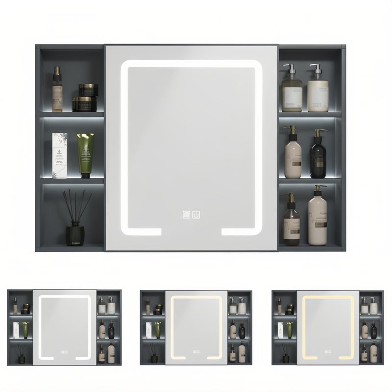 شاربدو خزانة مرآة حمام LED مقاس 90 سم مع مزيل للضباب، 3 ألوان إضاءة، وحدة تخزين جدارية مضادة للضباب، منظم ذو سعة كبيرة، مرآة زينة عصرية للحمام - Image 1