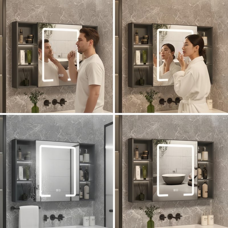 شاربدو خزانة مرآة حمام LED مقاس 90 سم مع مزيل للضباب، 3 ألوان إضاءة، وحدة تخزين جدارية مضادة للضباب، منظم ذو سعة كبيرة، مرآة زينة عصرية للحمام - Image 4