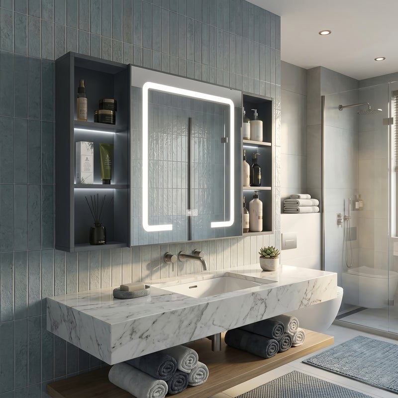 شاربدو خزانة مرآة حمام LED مقاس 90 سم مع مزيل للضباب، 3 ألوان إضاءة، وحدة تخزين جدارية مضادة للضباب، منظم ذو سعة كبيرة، مرآة زينة عصرية للحمام - Image 2