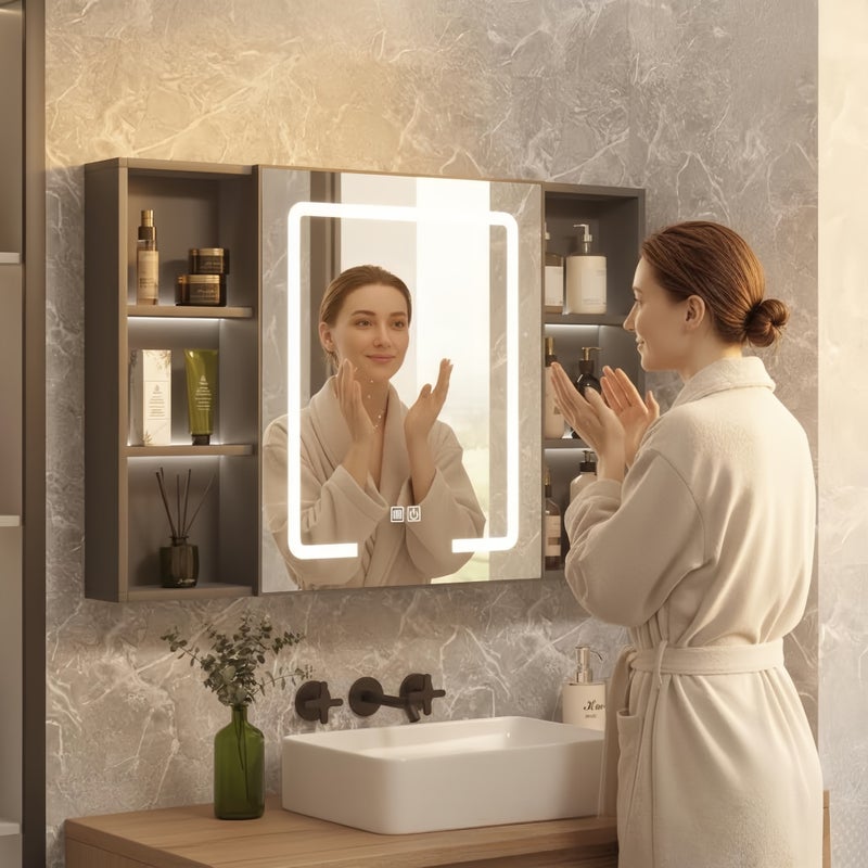 شاربدو خزانة مرآة حمام LED مقاس 90 سم مع مزيل للضباب، 3 ألوان إضاءة، وحدة تخزين جدارية مضادة للضباب، منظم ذو سعة كبيرة، مرآة زينة عصرية للحمام - Image 3