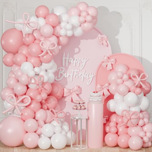 FengRise Pink Bow Balloon Arch Kit130 PCS Coquette Birthday Decorations Pastel Pink and White Garland Include Light blush Coquette Bow Balloon for Wedding Bridal Baby Shower Girls Birthday Decoration - Image 1