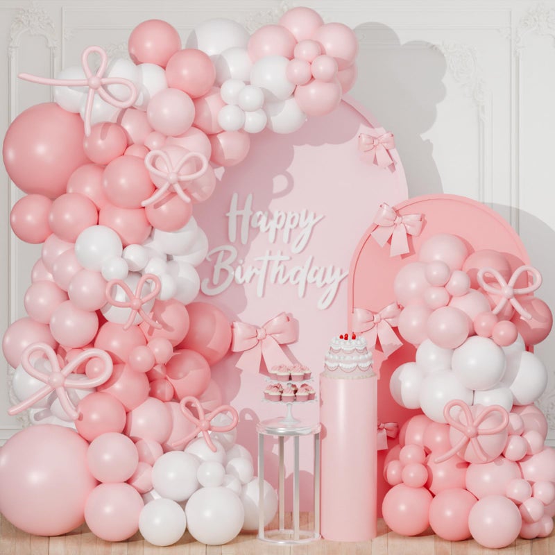FengRise Pink Bow Balloon Arch Kit130 PCS Coquette Birthday Decorations Pastel Pink and White Garland Include Light blush Coquette Bow Balloon for Wedding Bridal Baby Shower Girls Birthday Decoration - Image 3
