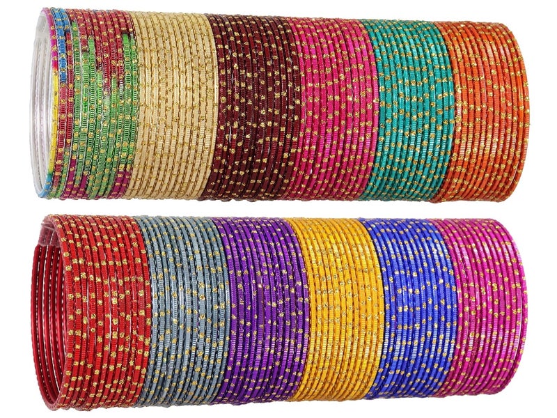 NMII Multicolour Metal Bangles Set with Golden Polka Dots & Cutting Design For Women & Girls | Women's Bangles Combo | Traditional Design Golden Bangles | Chudi Set- Pack of 144 Bangle - Image 5
