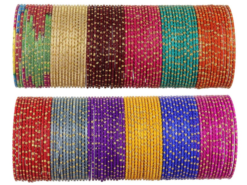 NMII Multicolour Metal Bangles Set with Golden Polka Dots & Cutting Design For Women & Girls | Women's Bangles Combo | Traditional Design Golden Bangles | Chudi Set- Pack of 144 Bangle - Image 1