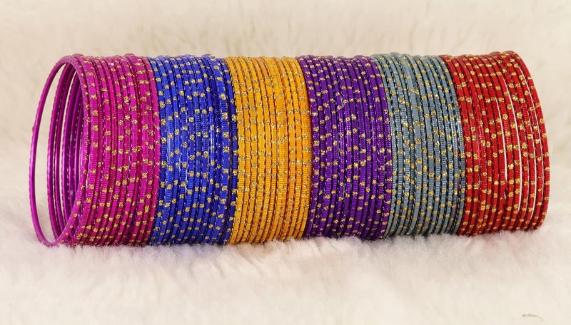 NMII Multicolour Metal Bangles Set with Golden Polka Dots & Cutting Design For Women & Girls | Women's Bangles Combo | Traditional Design Golden Bangles | Chudi Set- Pack of 144 Bangle - Image 4