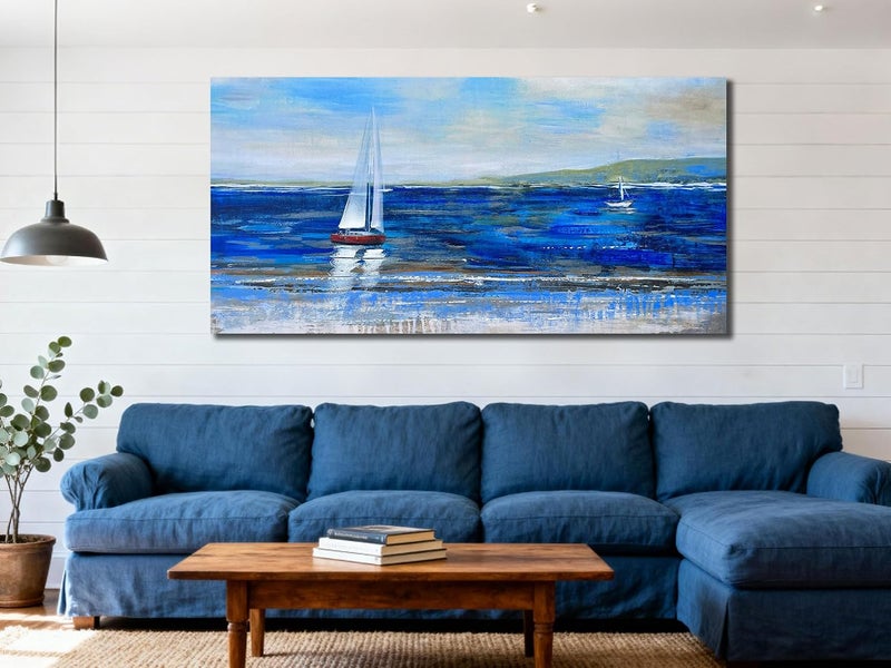 ARS Graphics ARS® Canvas Wall Art Blue Abstract Seascape Painting - Large Size One Panel Picture Print for Home Decor - Image 2