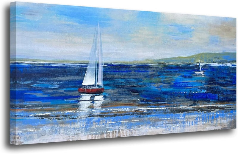 ARS Graphics ARS® Canvas Wall Art Blue Abstract Seascape Painting - Large Size One Panel Picture Print for Home Decor - Image 1