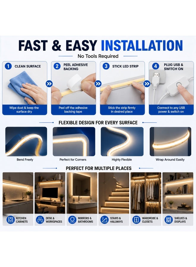 CHEEMAISTIC 3M USB COB LED Strip Light, Dimmable Flexible LED Tape Light with USB Switch Controller, Warm White & Cool White Lighting, Cuttable Indoor Light Strip for TV, Bedroom, Kitchen, Cabinet, Desk Decor - Image 3