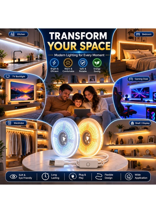 CHEEMAISTIC 3M USB COB LED Strip Light, Dimmable Flexible LED Tape Light with USB Switch Controller, Warm White & Cool White Lighting, Cuttable Indoor Light Strip for TV, Bedroom, Kitchen, Cabinet, Desk Decor - Image 2