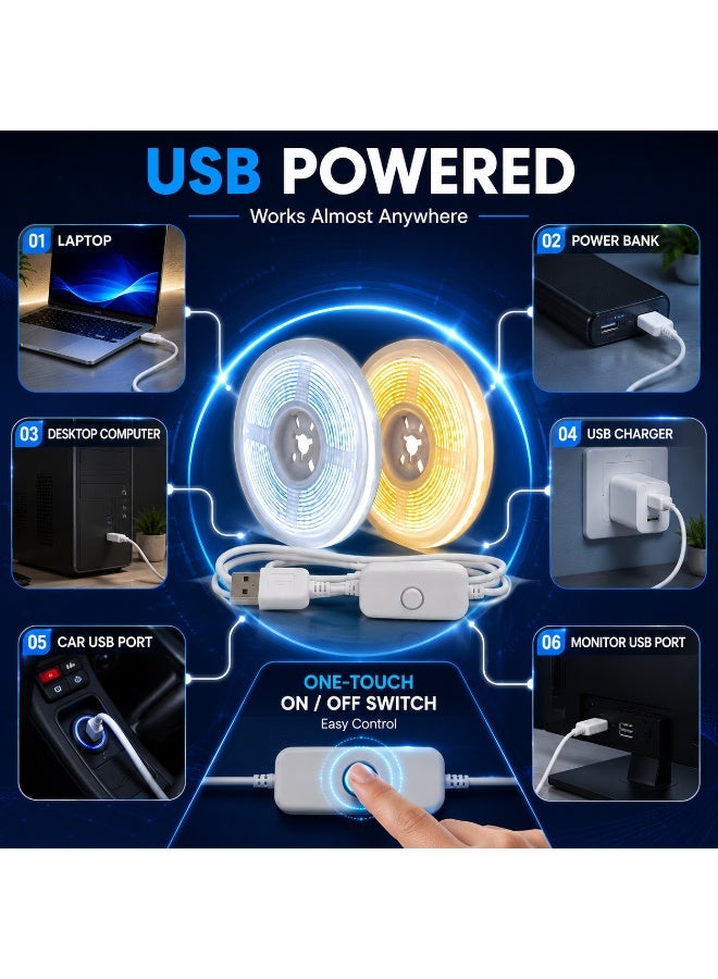 CHEEMAISTIC 3M USB COB LED Strip Light, Dimmable Flexible LED Tape Light with USB Switch Controller, Warm White & Cool White Lighting, Cuttable Indoor Light Strip for TV, Bedroom, Kitchen, Cabinet, Desk Decor - Image 5