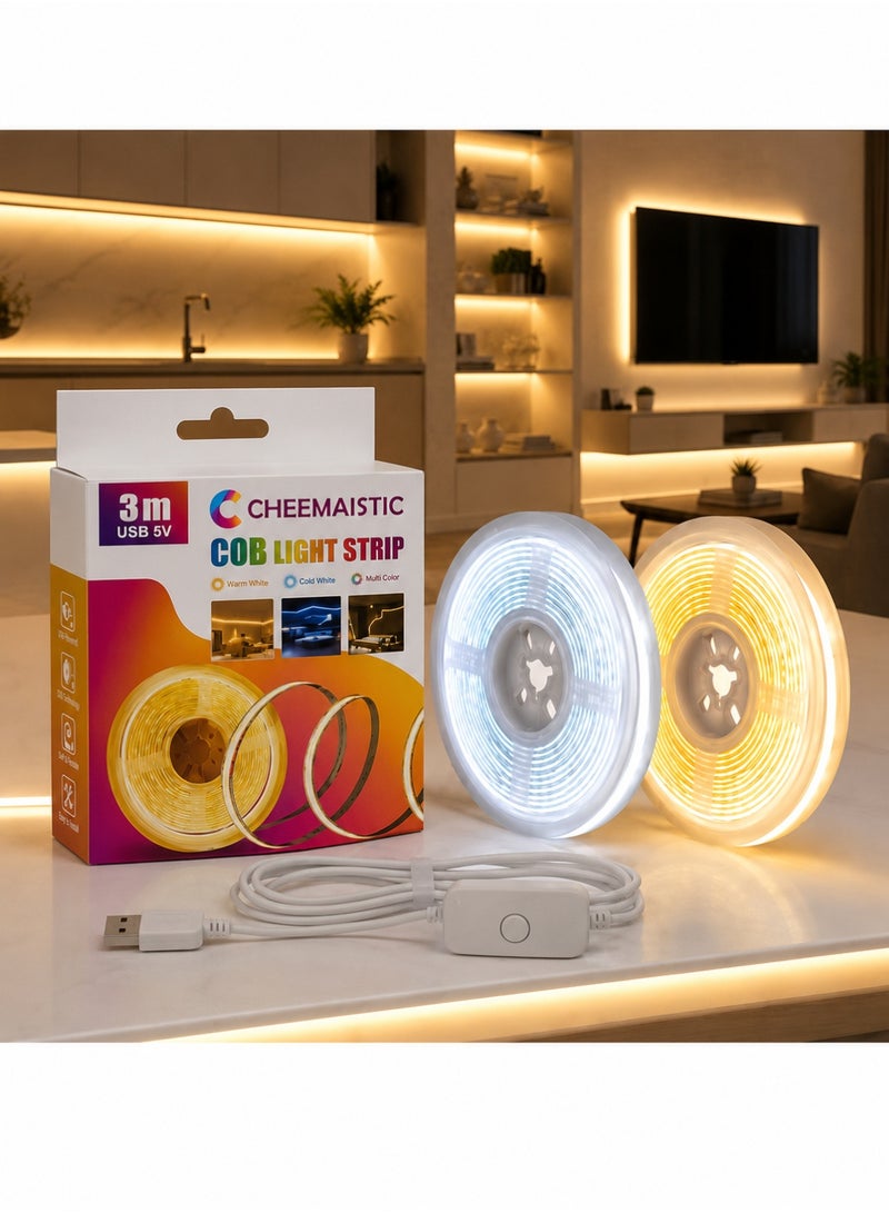 CHEEMAISTIC 3M USB COB LED Strip Light, Dimmable Flexible LED Tape Light with USB Switch Controller, Warm White & Cool White Lighting, Cuttable Indoor Light Strip for TV, Bedroom, Kitchen, Cabinet, Desk Decor - Image 1