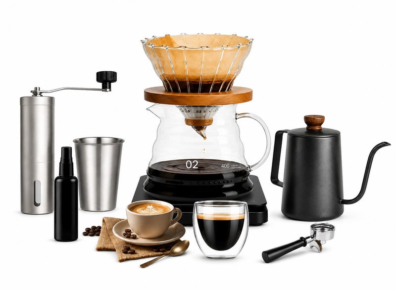 16 in 1 Pour Over Coffee Kit with Manual Grinder, Glass Coffee Server, Dripper, Stainless Steel Kettle, Coffee Scale, Thermometer, Filters and Travel Bag for Home Camping and Coffee Brewing