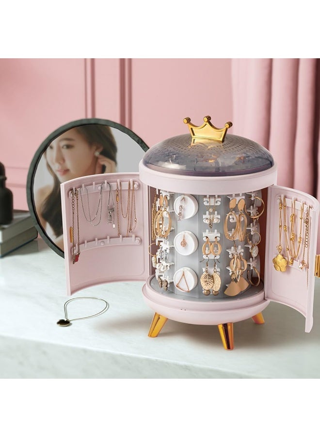 SAFENHAND 360 Rotating Jewelry Organizer, Earrings Necklace Dustproof Storage Box, Large Desktop Display Stand, Luxury Retro Jewel Gifts for Women, Makeup Organizer, DIY Jewelry Box (Pink)  - Image 2