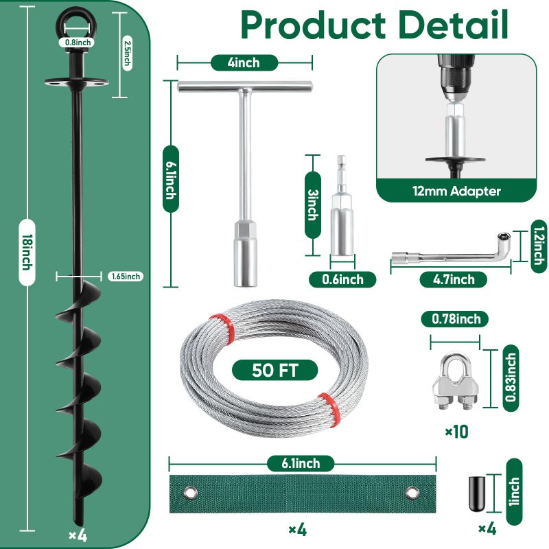 Ciyivak 18'' Ground Anchors Screw in Heavy Duty, Shed Anchor Kit with Straps & Steel Cable & Tools, Earth Anchors for Mobile Home, Carports, Swing Set, Tree, Trampoline - Secure Against High Winds(4) - Image 2