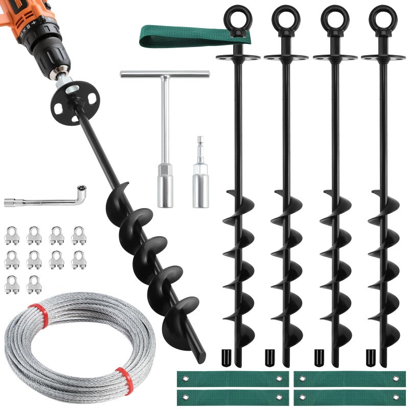 Ciyivak 18'' Ground Anchors Screw in Heavy Duty, Shed Anchor Kit with Straps & Steel Cable & Tools, Earth Anchors for Mobile Home, Carports, Swing Set, Tree, Trampoline - Secure Against High Winds(4) - Image 1