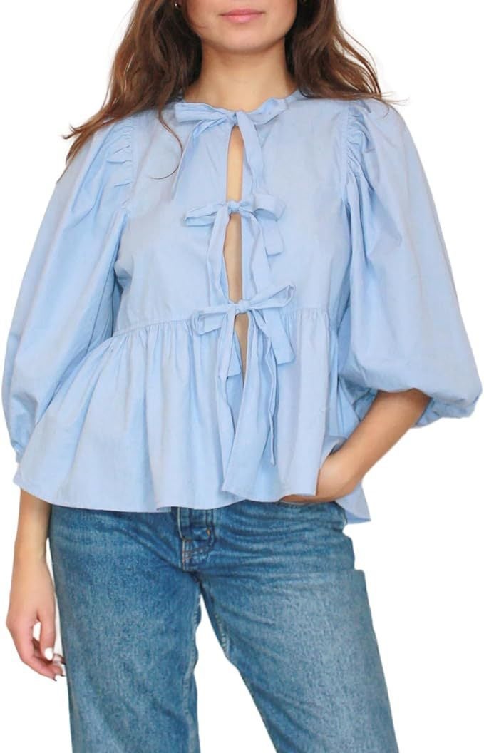 Womens Lace-Up Front Top Leopard Print Ruffled Doll Top 3/4 Length Puff Sleeve Light blue