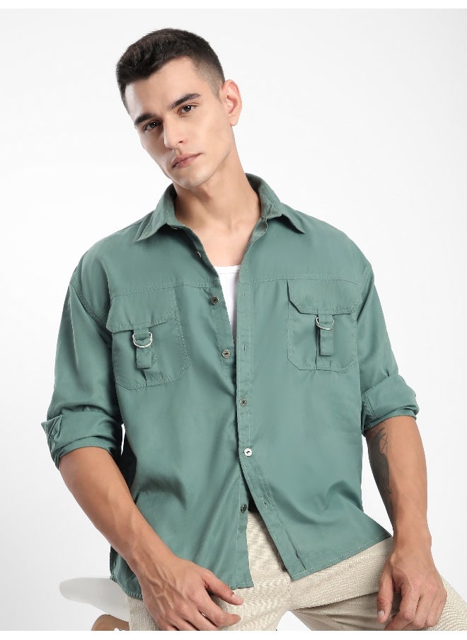 Beyoung Persian Green D-Buckle Cargo Shirt  - Image 1