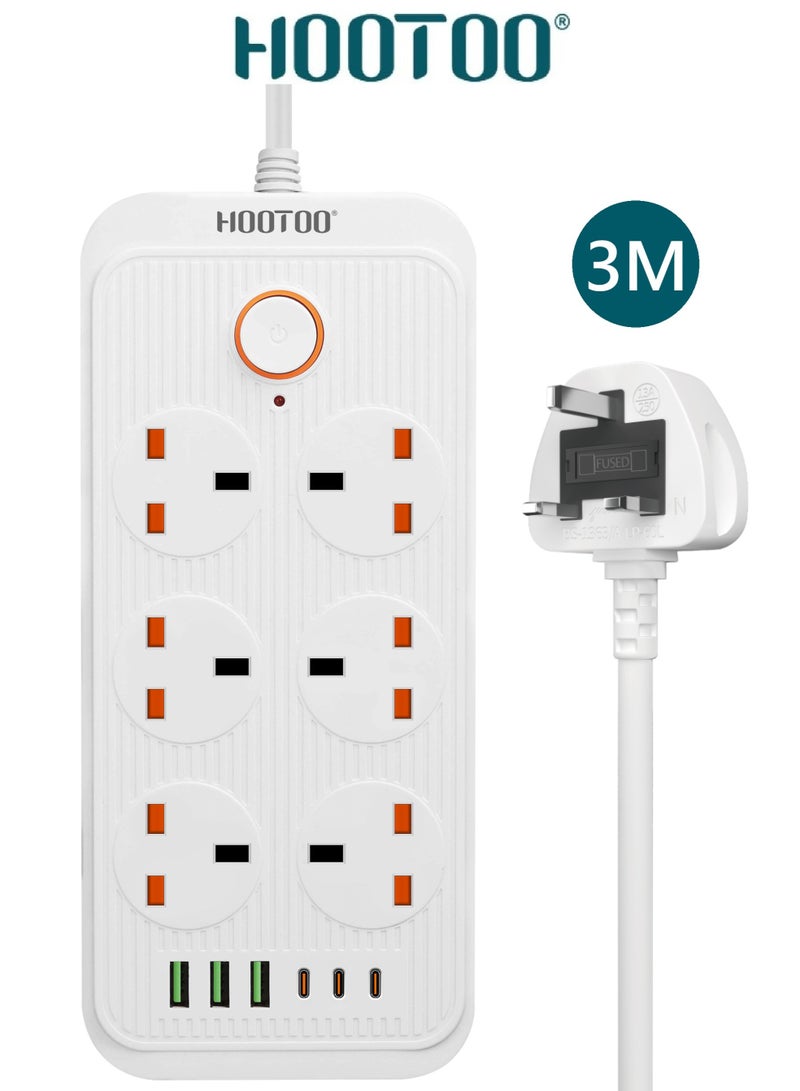 HooToo 3-meter power strip. 6-socket extension cord with 6 charging ports (3 Type-C & 3 USB). 3000W high-power extension socket. Smart power extension with overvoltage and temperature protection. Power adapter with safety switch. White - Image 1