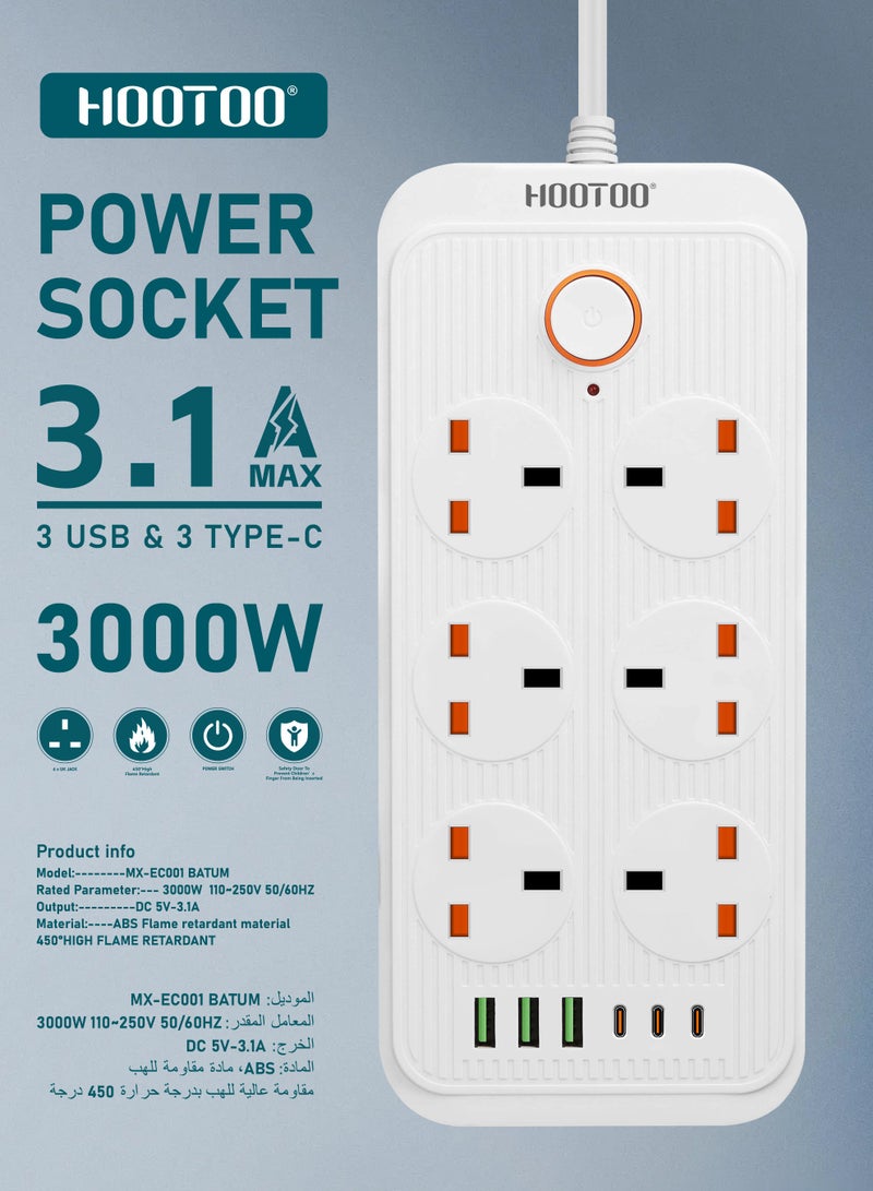HooToo 3-meter power strip. 6-socket extension cord with 6 charging ports (3 Type-C & 3 USB). 3000W high-power extension socket. Smart power extension with overvoltage and temperature protection. Power adapter with safety switch. White - Image 2