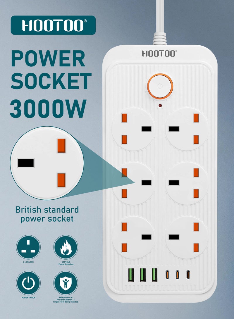 HooToo 3-meter power strip. 6-socket extension cord with 6 charging ports (3 Type-C & 3 USB). 3000W high-power extension socket. Smart power extension with overvoltage and temperature protection. Power adapter with safety switch. White - Image 4