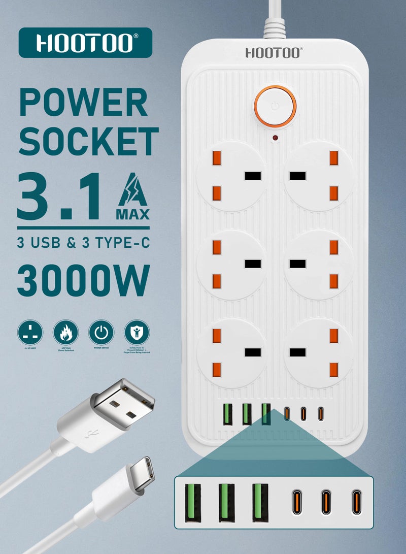 HooToo 3-meter power strip. 6-socket extension cord with 6 charging ports (3 Type-C & 3 USB). 3000W high-power extension socket. Smart power extension with overvoltage and temperature protection. Power adapter with safety switch. White - Image 5