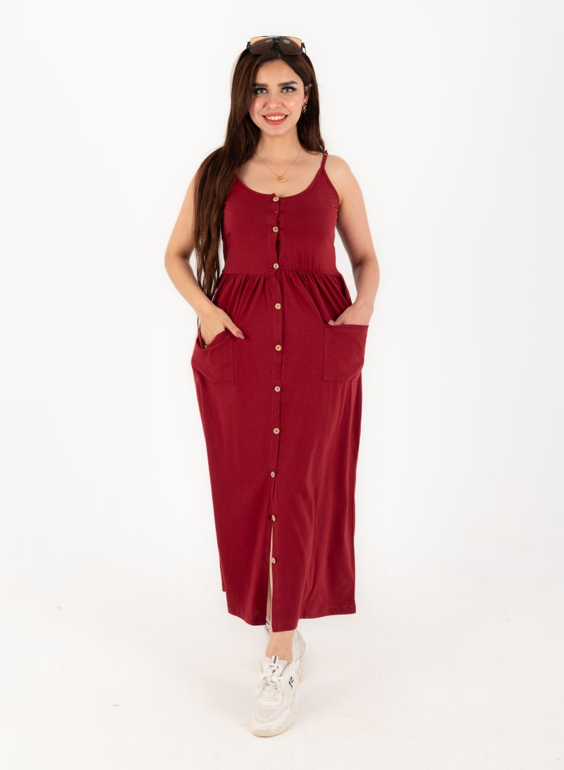 Women's Maroon 100% Cotton Summer Dress - Perfect for Summer Weather  - Image 1