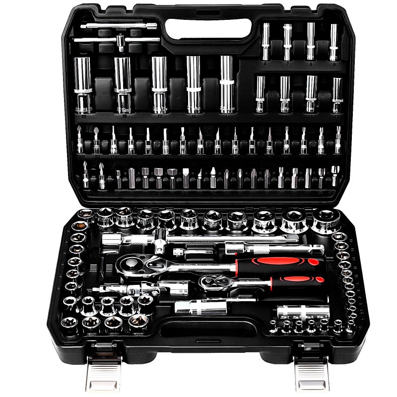 TLGREEN 108 Pcs Mechanic Socket Tool Kit,CR-V Steel Metric And 1/4" & 1/2" Ratchet set,Universal Joint,Extension Bars,Adapter,Quick Release Ratchet Wrench,Tool Box Set for Car Garage Dorm - Image 1
