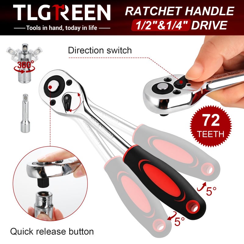 TLGREEN 108 Pcs Mechanic Socket Tool Kit,CR-V Steel Metric And 1/4" & 1/2" Ratchet set,Universal Joint,Extension Bars,Adapter,Quick Release Ratchet Wrench,Tool Box Set for Car Garage Dorm - Image 3