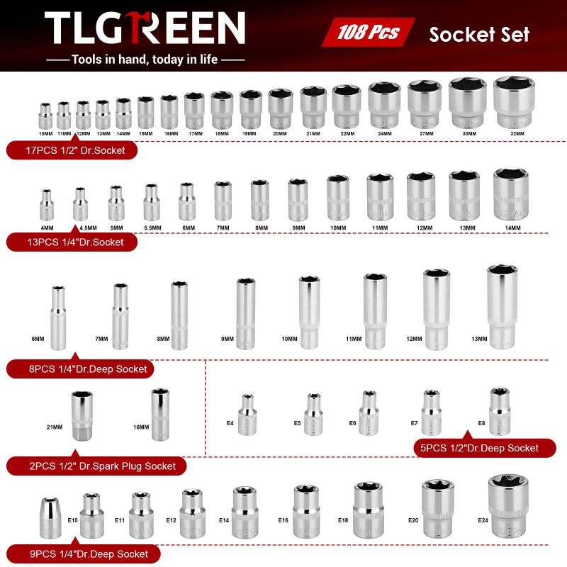 TLGREEN 108 Pcs Mechanic Socket Tool Kit,CR-V Steel Metric And 1/4" & 1/2" Ratchet set,Universal Joint,Extension Bars,Adapter,Quick Release Ratchet Wrench,Tool Box Set for Car Garage Dorm - Image 5