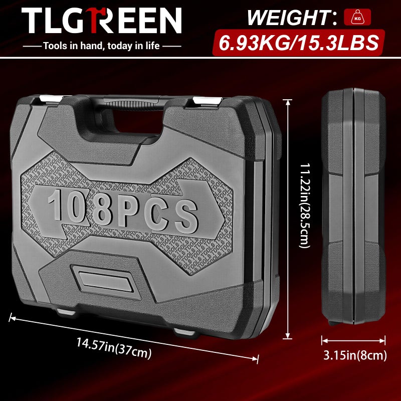 TLGREEN 108 Pcs Mechanic Socket Tool Kit,CR-V Steel Metric And 1/4" & 1/2" Ratchet set,Universal Joint,Extension Bars,Adapter,Quick Release Ratchet Wrench,Tool Box Set for Car Garage Dorm - Image 2