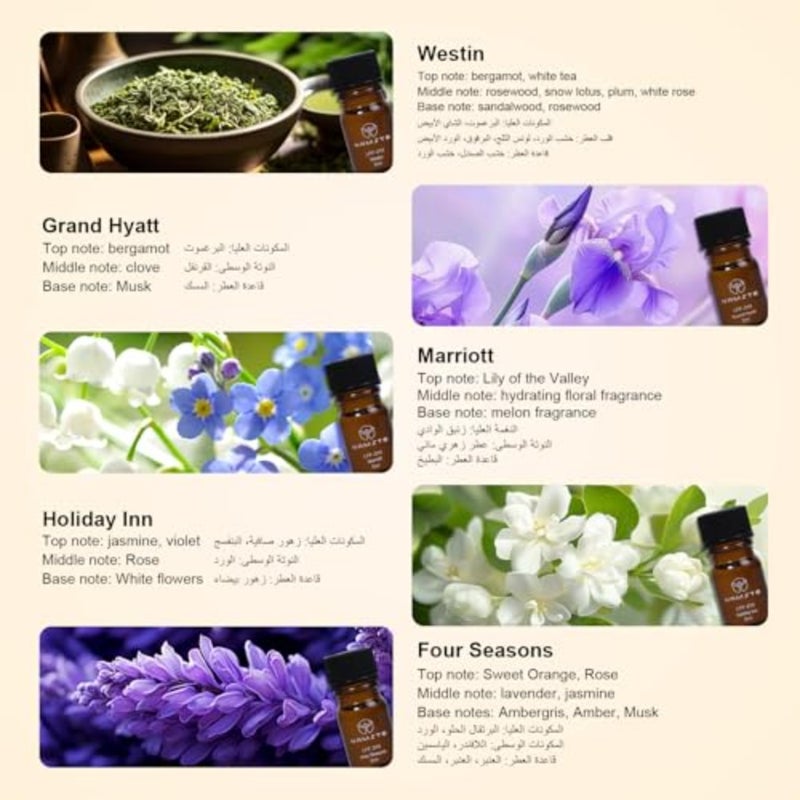 مجموعة الزيوت العطرية 5 مل × 10 مجموعة فنادق، موزع زيت عطري فاخر ريتز كارلتون، فور سيزونز، شانغريلا، ويستن، كمبينسكي، هوليداي إن، جراند حياة، شيراتون، نيو هيلتون، ماريوت - Image 4