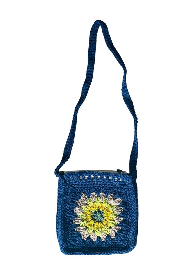 ATICUE Cotton Handknitted Crochet Sling bag With Inner Lining and Zipper Closure with Flower Pattern for Women (8x8) inch (Blue) - Image 1