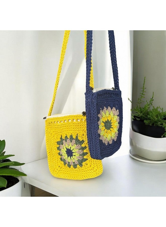 ATICUE Cotton Handknitted Crochet Sling bag With Inner Lining and Zipper Closure with Flower Pattern for Women (8x8) inch (Blue) - Image 5