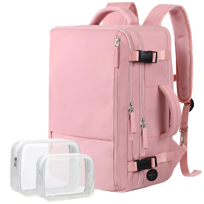 Hanples Carry on Travel Backpack for Women, Large 35L Personal Item Luggage Backpack,17 inch Laptop Backpack TSA Flight Approved, Travel Essentials Casual Daypack with 2 Toiletry Bags (Pink) - Image 1