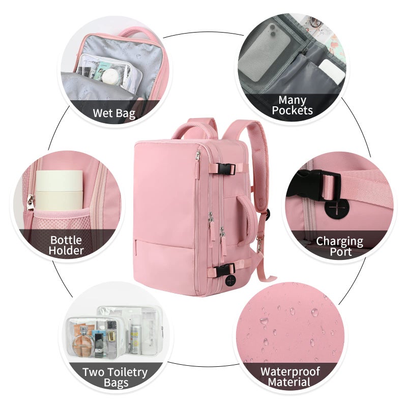 Hanples Carry on Travel Backpack for Women, Large 35L Personal Item Luggage Backpack,17 inch Laptop Backpack TSA Flight Approved, Travel Essentials Casual Daypack with 2 Toiletry Bags (Pink) - Image 5