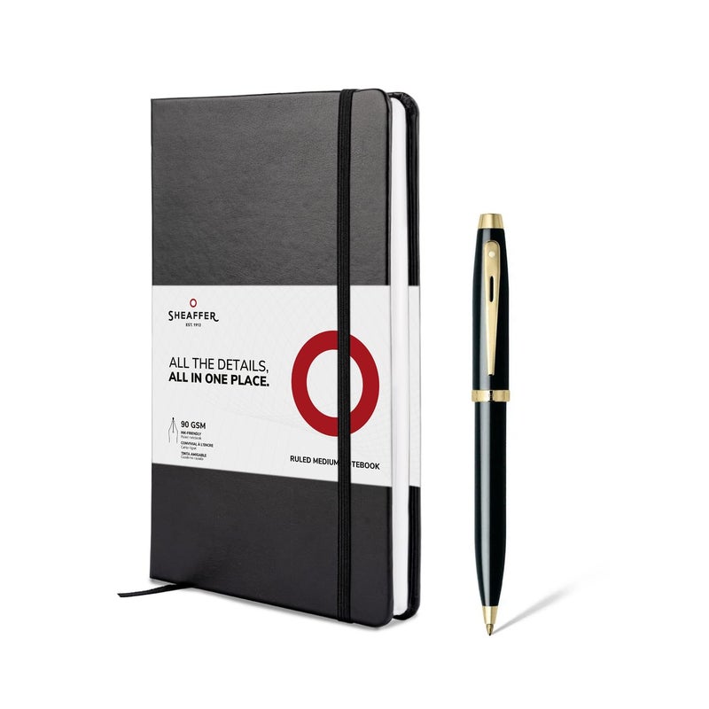 SHEAFFER قلم شيفر 100 E9322 أسود لامع مع تفاصيل باللون الذهبي مع دفتر A5 باللون الأسود في علبة هدايا - Image 1